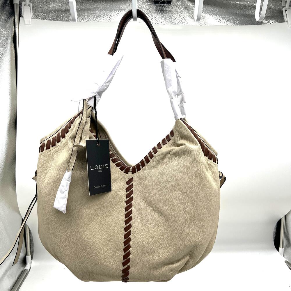 LODIS Womens Purse Medium Whipstitch Leather Tote Lacey Sand/Chestnut